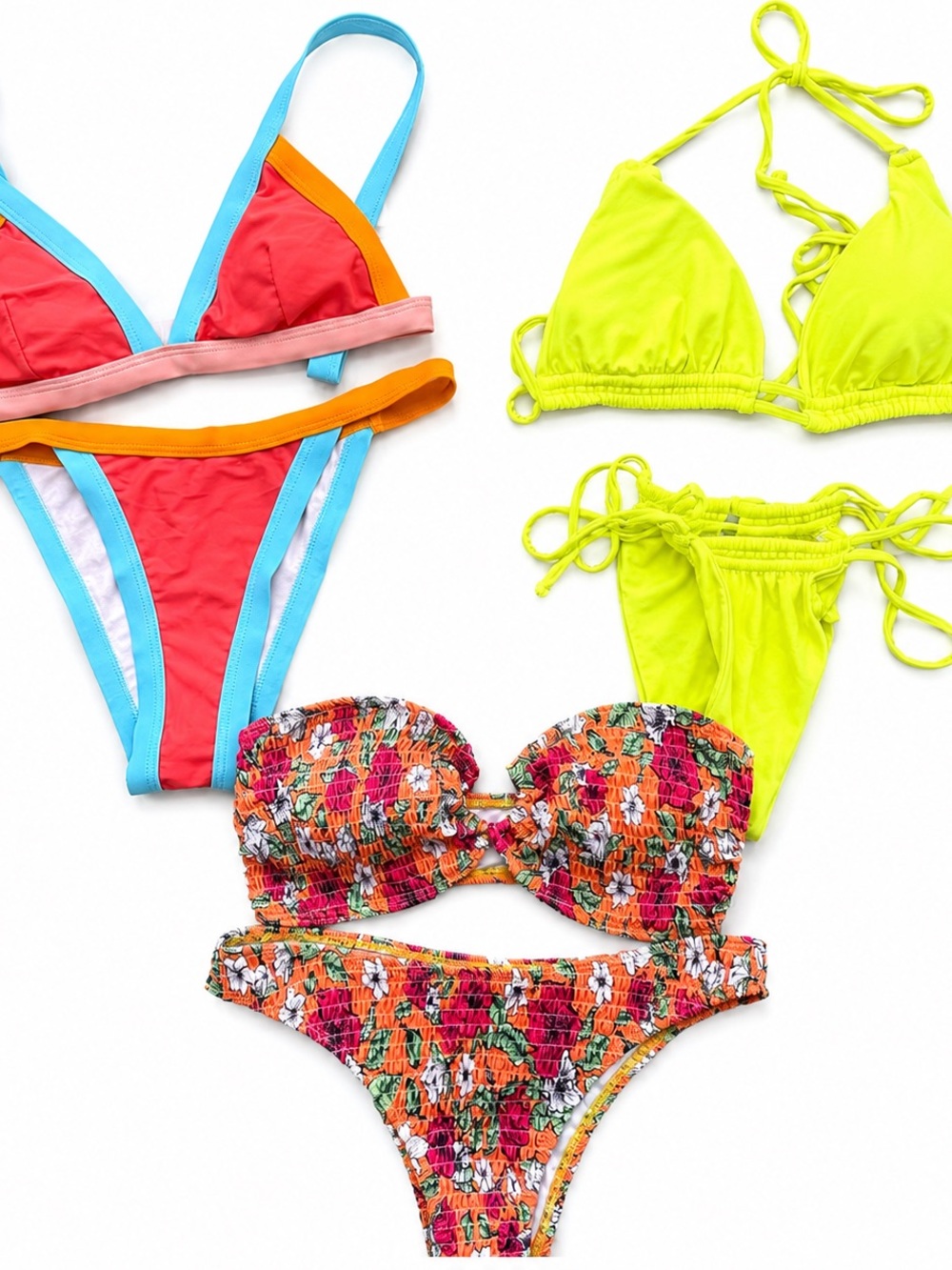 Colorful Trio of Women's Bikinis — Coral/Turquoise, Neon Yellow, Floral Orange